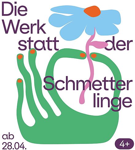 Grafik zu "Die Werkstatt der Schmetterlinge". Premiere am 28.04.2024. Für Kinder ab 4 Jahren. Grafik mit einer grünen Hand, die eine blaue Blüte hält.