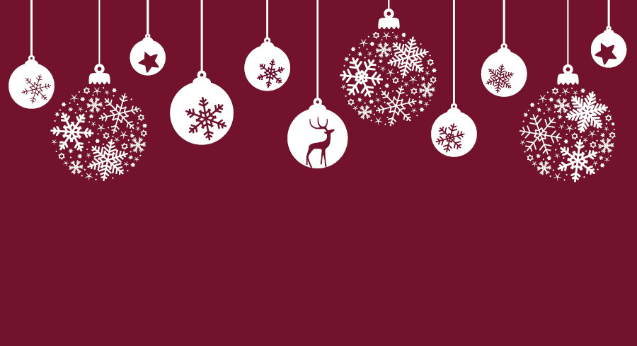 Grafik mit dunkelrotem Untergrund und weißen Weihnachtskugeln