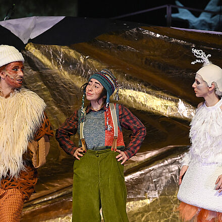 Im Hintergrund ist die Bühne Gold. Der Fuchs und die kleine Person schauen sich frech an. Neben ihnen eine Hausgans.