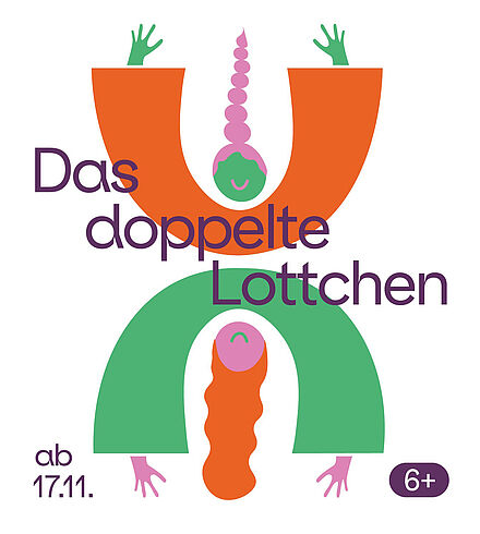 Grafik zu "Das doppelte Lottchen". Premiere am 17.11.2023. Für Kinder ab 6 Jahren. Grafik mit zwei Mädchen, deren Arme C-förmig angeordnet sind. Sie spiegeln einander und sind in den Farben orange, grün und rosa dargestellt.