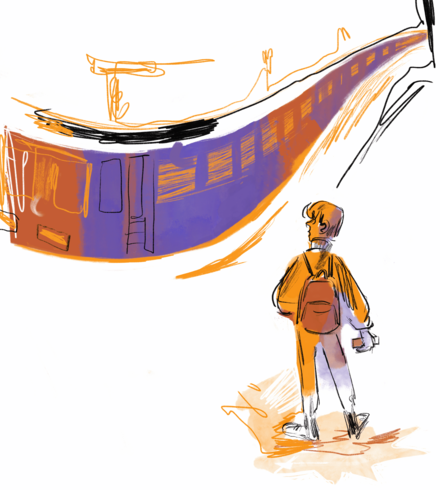 Zeichnung in den Farben lila, orange und gelb. Ein Junge blickt auf eine U-Bahn, die aus einem Tunnel kommt. Dabei hat er den Rücken zum Betrachter gedreht. Er trägt einen Rucksack.