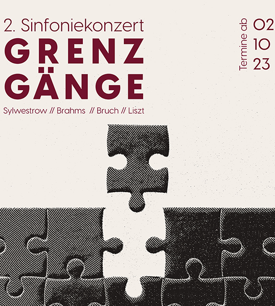 Blassgelber Hintergrund, schwarze Schrift: 2. Sinfoniekonzert «Grenzgänge» mit Werken von Karl Amadeus Hartmann, Frédéric Chopin und Robert Schumann. Termine ab 28.08.23. Drahtzaun in dunkelroter Farbe.