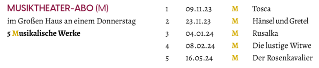 Termine "Musiktheater-Abo (M)" zur Spielzeit 2023/2024: 09.11.2023: Tosca / 23.11.2023: Hänsel und Gretel / 04.01.2024: Rusalka / 08.02.2024: Die lustige Witwe / 16.05.2024: Der Rosenkavalier