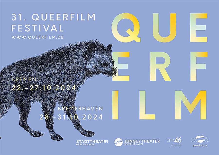Banner des 31. Queerfilm Festivals. Auf der linken Seite ist ein Wolf abgebildet.