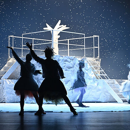 Es fällt Schnee. Im Vordergrund tanzen Gänse. Im Hintergrund sieht man eine kleine Person frieren. 