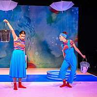 Zwei Schauspielende in türkisen Kostümen halten metallene Eimer in je einer Hand und strecken sie von sich weg. Von der Decke hängen kopfüber Regenschirme. Die Wand hinter ihnen ist in bunten Farben bemalt, die eine Unterwasserwelt darstellen.