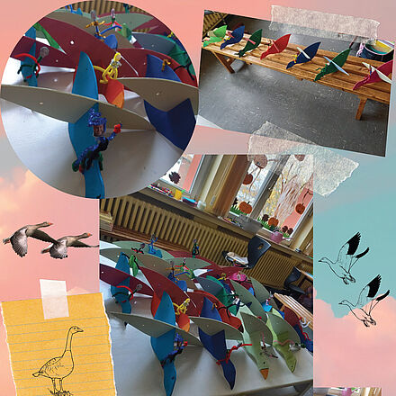 Collage: Gebastelte Holzgänse
