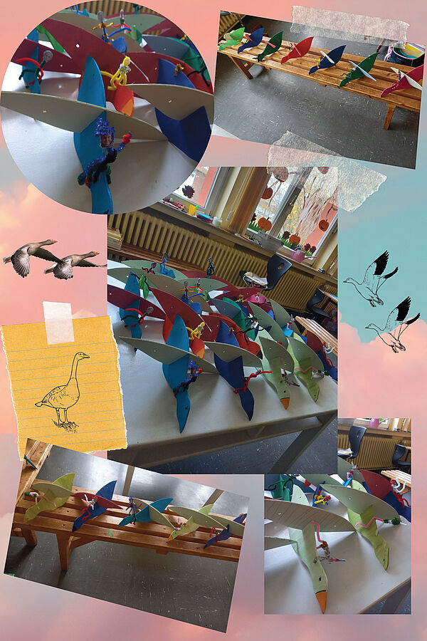 Collage: Gebastelte Holzgänse