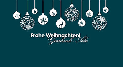 Grafik mit dunkelblauem Untergrund und weißen Weihnachtskugeln. Aufschrift: "Frohe Weihnachten! Geschenk Abo"