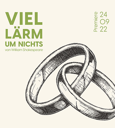 Blassgelbes Ankündigungsbild, grüne Beschriftung. „Viel Lärm um nichts“, „von William Shakespeare“, „Premiere: 24.04.23“. Zwei verschlungene Ringe.