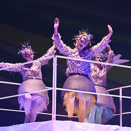 Drei Wildgänse stehen auf dem Podest. Sie breiten ihre Arme aus