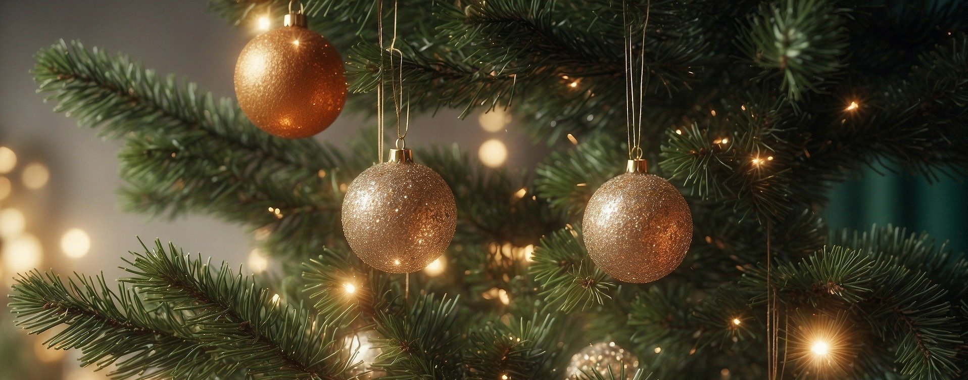 Am Tannenbaum hängen goldene Kugeln und funkeln im Schein der Lichterkette.