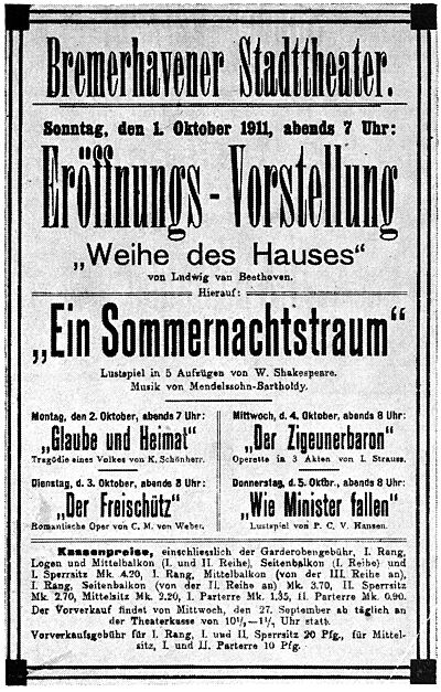 Plakat zu Eröffnungsvorstellung "Ein Sommernachtstraum" am 1. Oktober 1911
